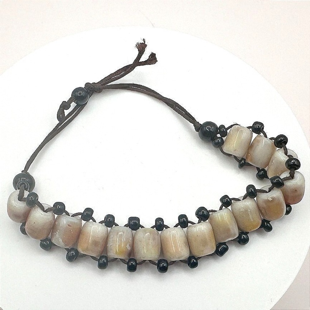 Vintage Brown Cord Woven Macrame Bracelet Neutral Ceramic Color Glass Seed Bead‎